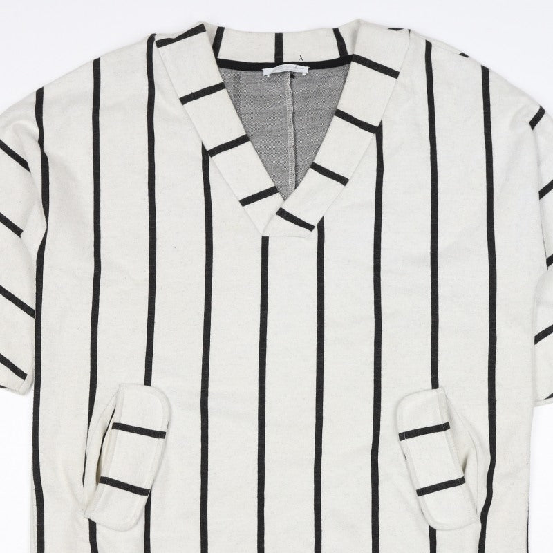 Zara Trafaluc Women Ivory Black Stripe Shift Dress M V-Neck Pockets