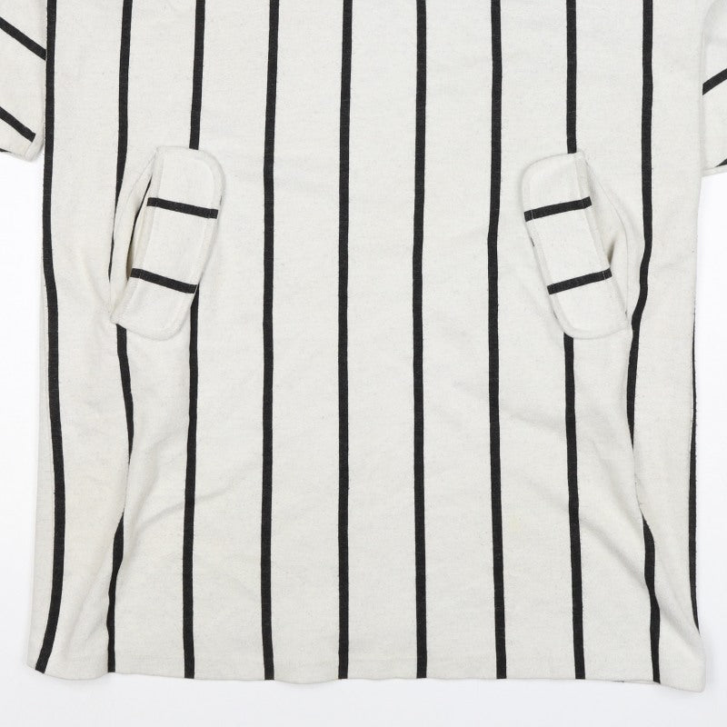 Zara Trafaluc Women Ivory Black Stripe Shift Dress M V-Neck Pockets