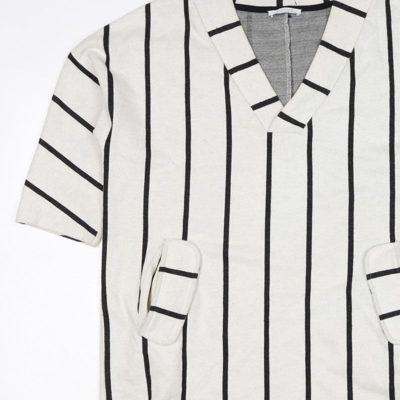 Zara Trafaluc Women Ivory Black Stripe Shift Dress M V-Neck Pockets