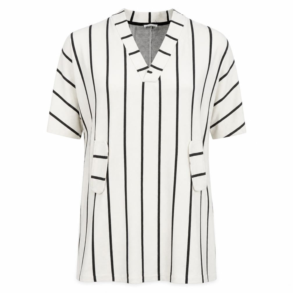 Zara Trafaluc Women Ivory Black Stripe Shift Dress M V-Neck Pockets