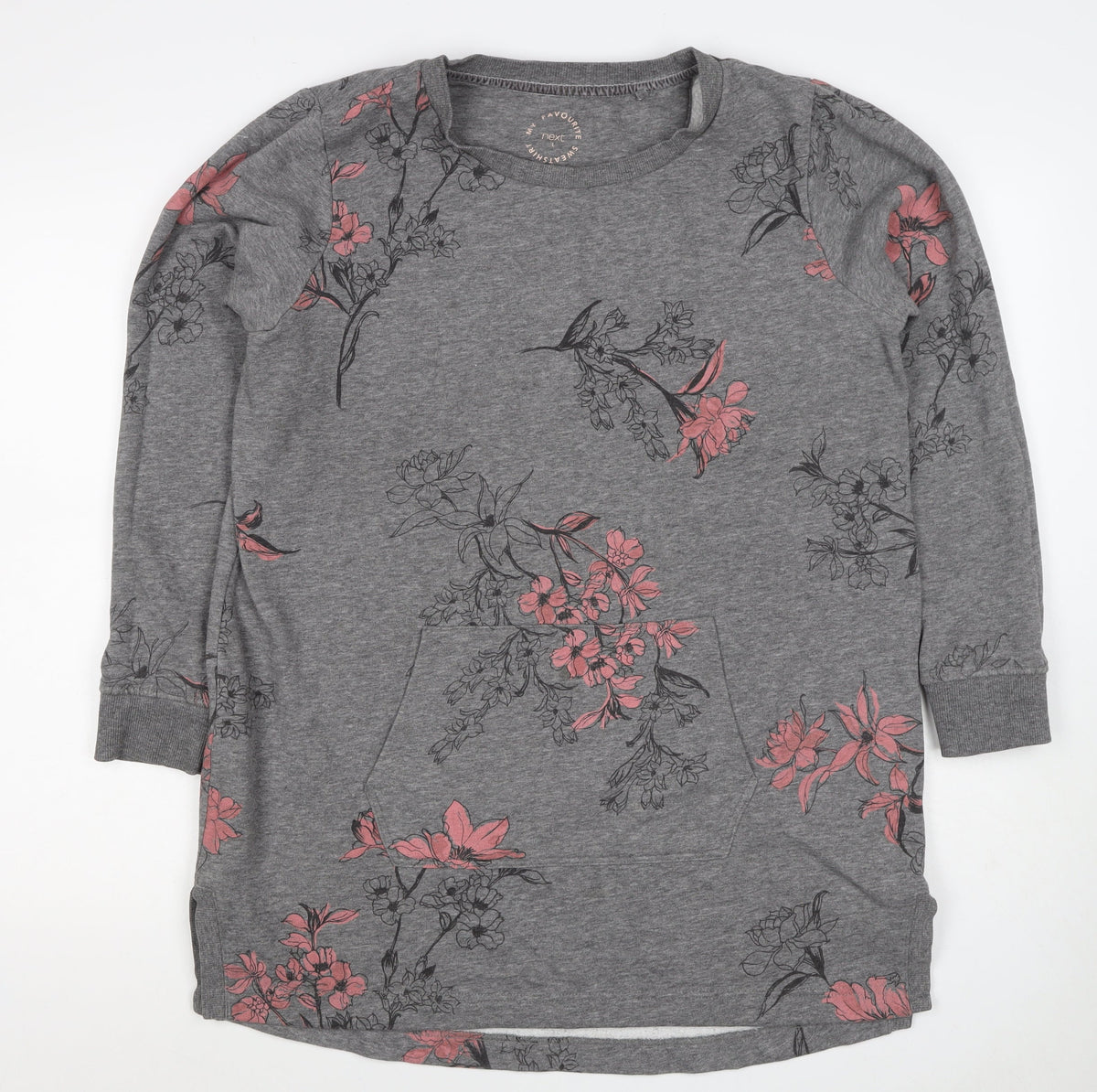 Next Women’s Grey Pink Floral Sweatshirt UK 16 L Kangaroo Pocket