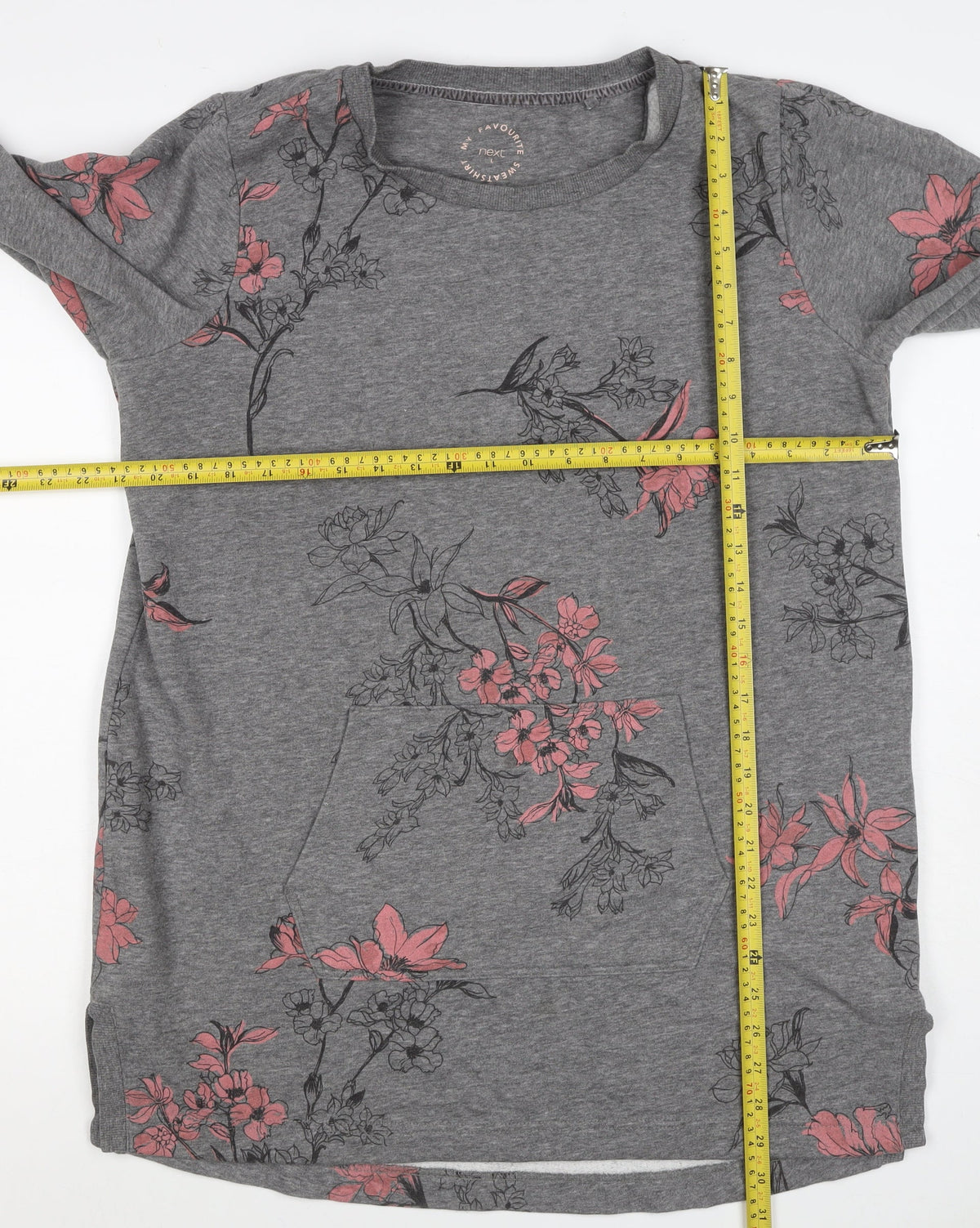 Next Women’s Grey Pink Floral Sweatshirt UK 16 L Kangaroo Pocket