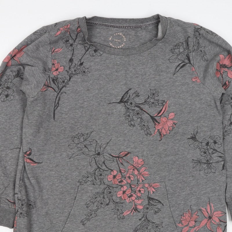 Next Women’s Grey Pink Floral Sweatshirt UK 16 L Kangaroo Pocket