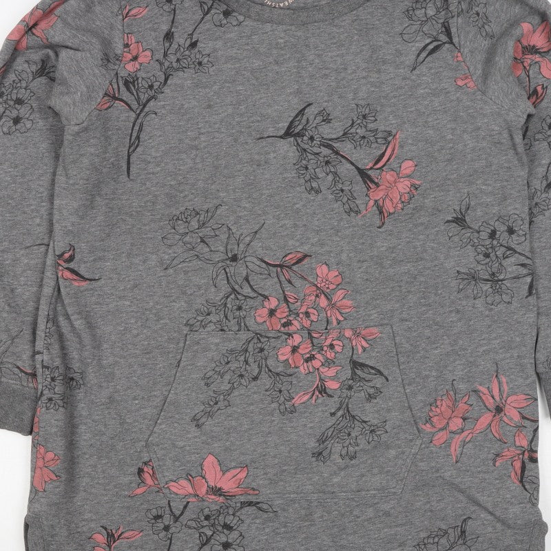 Next Women’s Grey Pink Floral Sweatshirt UK 16 L Kangaroo Pocket
