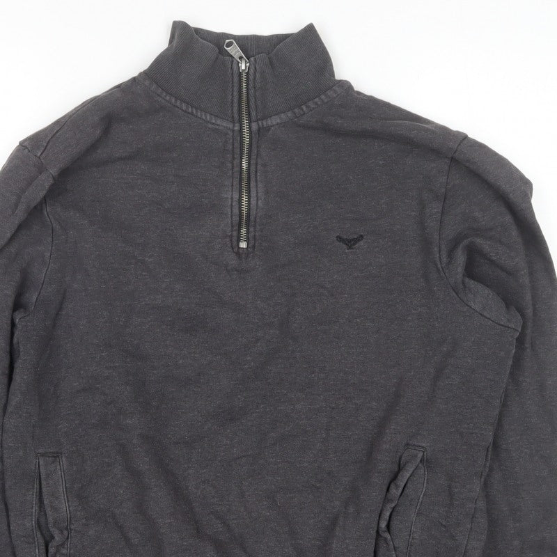 Threadbare Men’s Grey S 1/4 Zip High Neck Sweatshirt Pockets