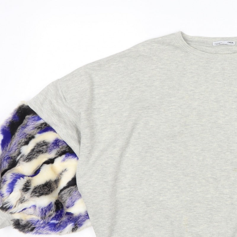 Zara Women Grey M Oversized Faux Fur Sleeve Crew Neck Sweatshirt