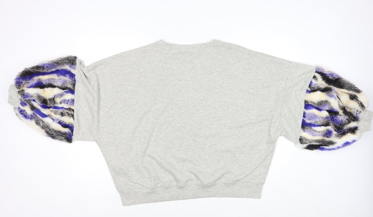 Zara Women Grey M Oversized Faux Fur Sleeve Crew Neck Sweatshirt
