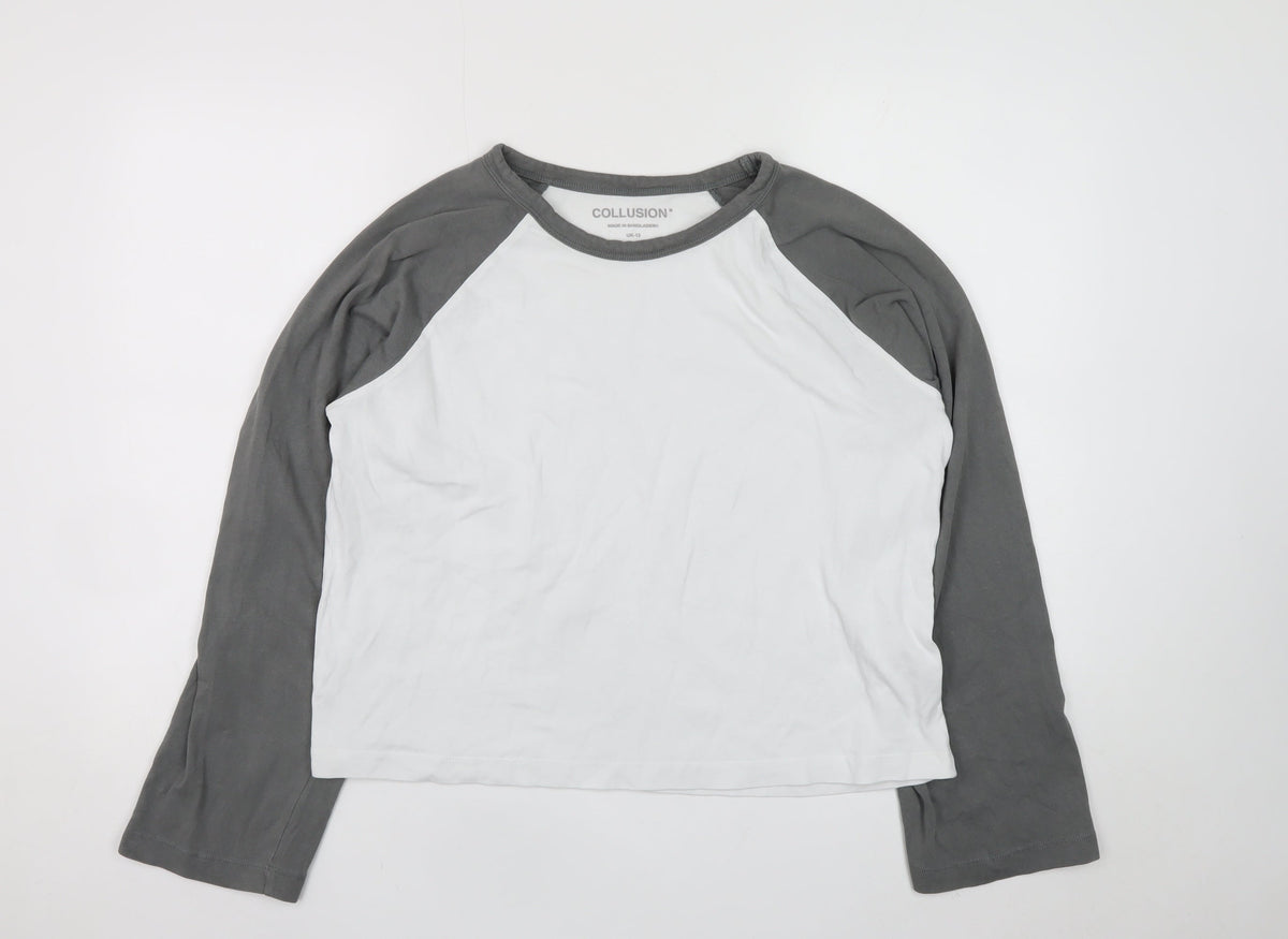 Collusion Women’s Grey White Ringer Raglan Long Sleeve T-Shirt UK 12