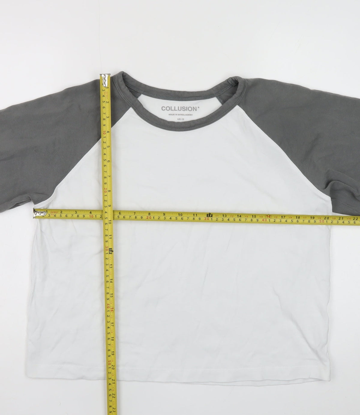 Collusion Women’s Grey White Ringer Raglan Long Sleeve T-Shirt UK 12