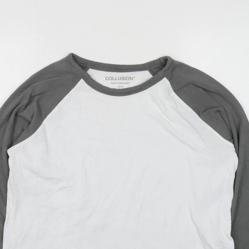Collusion Women’s Grey White Ringer Raglan Long Sleeve T-Shirt UK 12