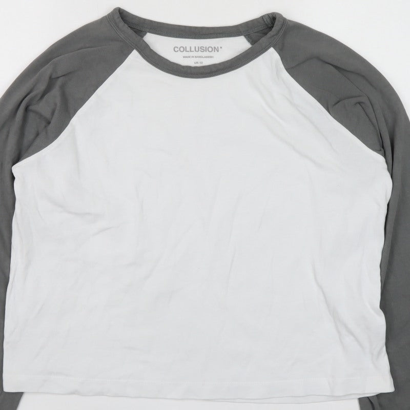 Collusion Women’s Grey White Ringer Raglan Long Sleeve T-Shirt UK 12