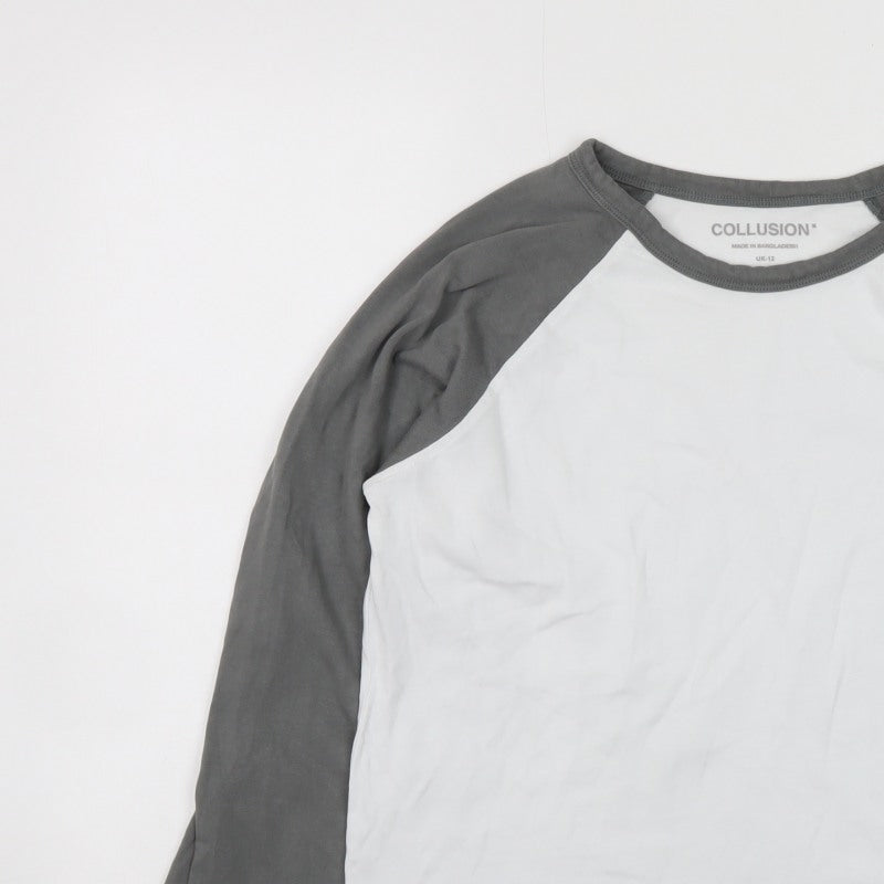 Collusion Women’s Grey White Ringer Raglan Long Sleeve T-Shirt UK 12