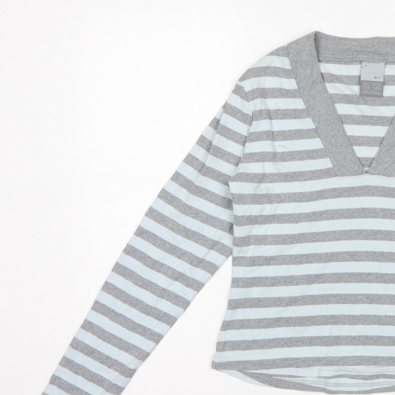 Nike Women Grey White Striped UK 10 V-Neck Long Sleeve Active Top