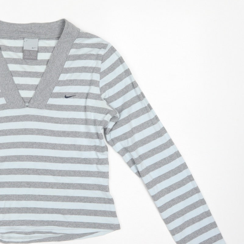 Nike Women Grey White Striped UK 10 V-Neck Long Sleeve Active Top