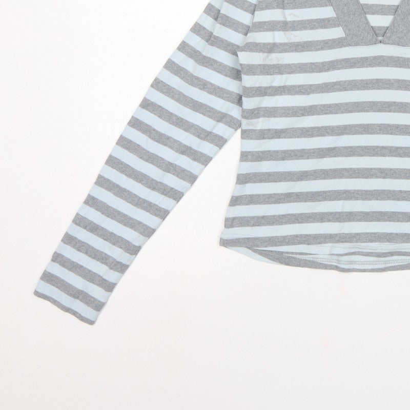 Nike Women Grey White Striped UK 10 V-Neck Long Sleeve Active Top