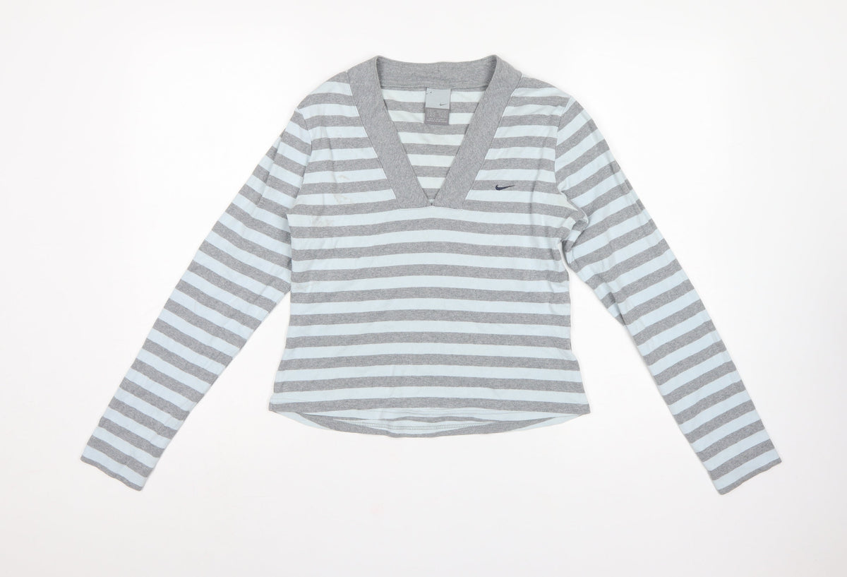 Nike Women Grey White Striped UK 10 V-Neck Long Sleeve Active Top