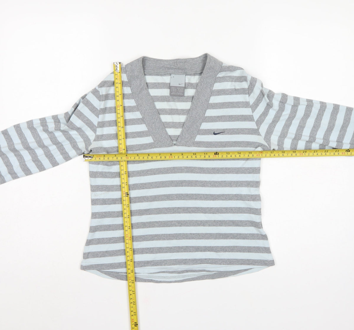 Nike Women Grey White Striped UK 10 V-Neck Long Sleeve Active Top