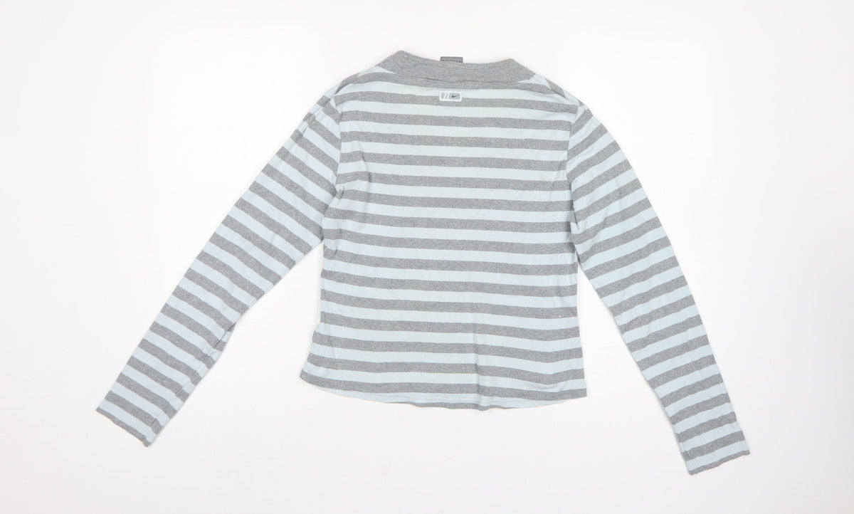 Nike Women Grey White Striped UK 10 V-Neck Long Sleeve Active Top