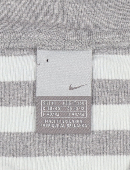 Nike Women Grey White Striped UK 10 V-Neck Long Sleeve Active Top