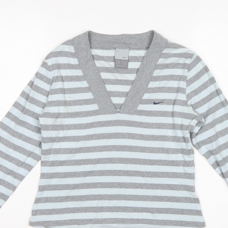Nike Women Grey White Striped UK 10 V-Neck Long Sleeve Active Top
