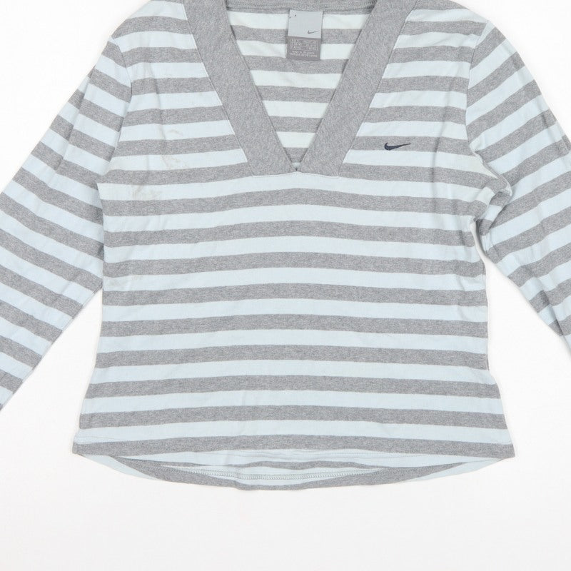 Nike Women Grey White Striped UK 10 V-Neck Long Sleeve Active Top