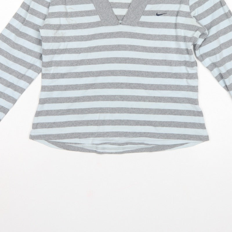 Nike Women Grey White Striped UK 10 V-Neck Long Sleeve Active Top