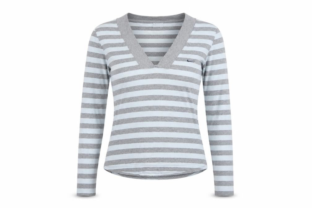 Nike Women Grey White Striped UK 10 V-Neck Long Sleeve Active Top
