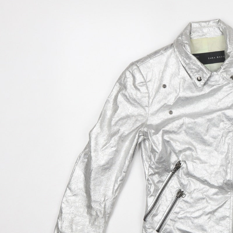 Zara Basic Women Silver M Metallic Biker Jacket Zip Pockets