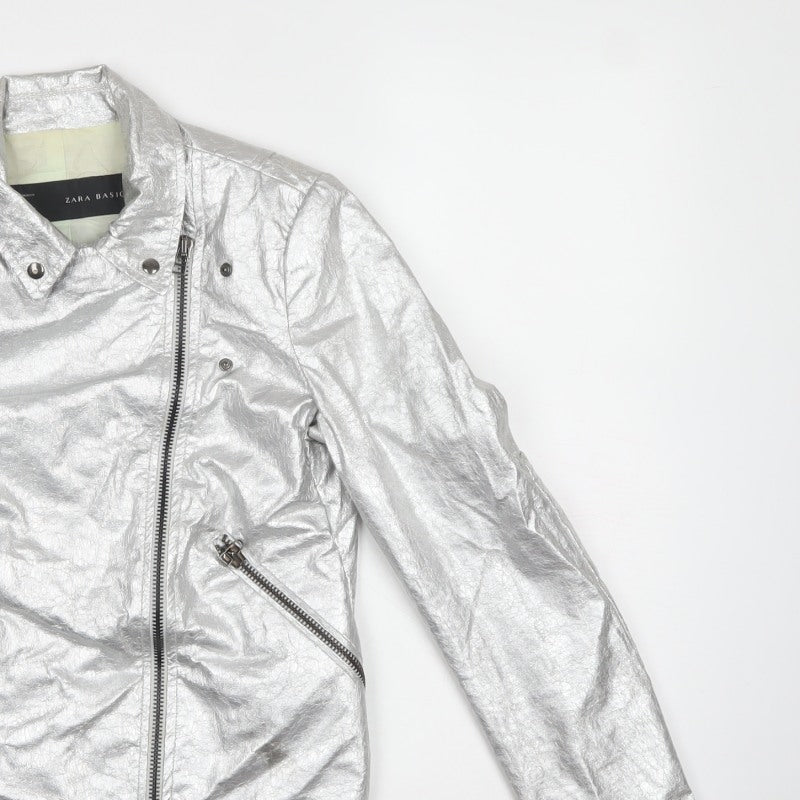 Zara Basic Women Silver M Metallic Biker Jacket Zip Pockets