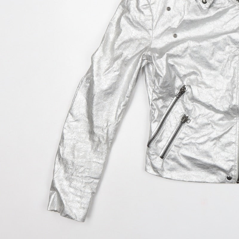 Zara Basic Women Silver M Metallic Biker Jacket Zip Pockets