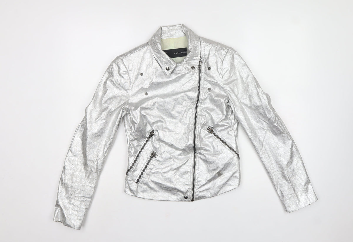 Zara Basic Women Silver M Metallic Biker Jacket Zip Pockets
