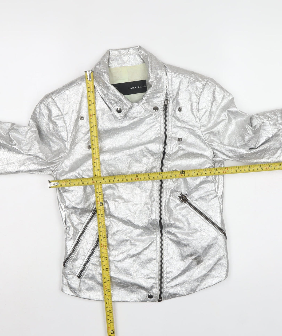 Zara Basic Women Silver M Metallic Biker Jacket Zip Pockets