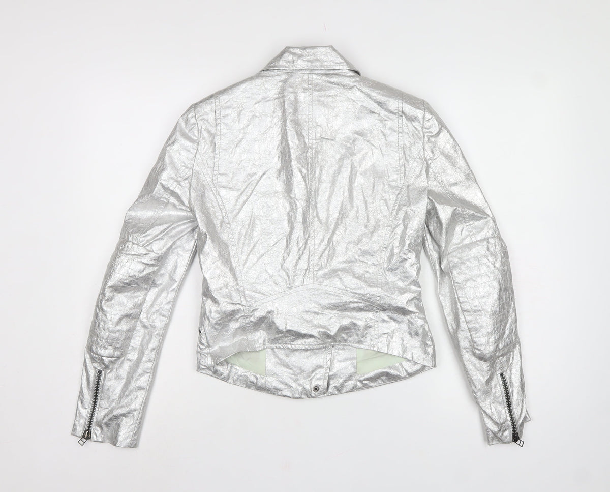 Zara Basic Women Silver M Metallic Biker Jacket Zip Pockets