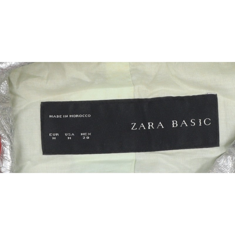 Zara Basic Women Silver M Metallic Biker Jacket Zip Pockets