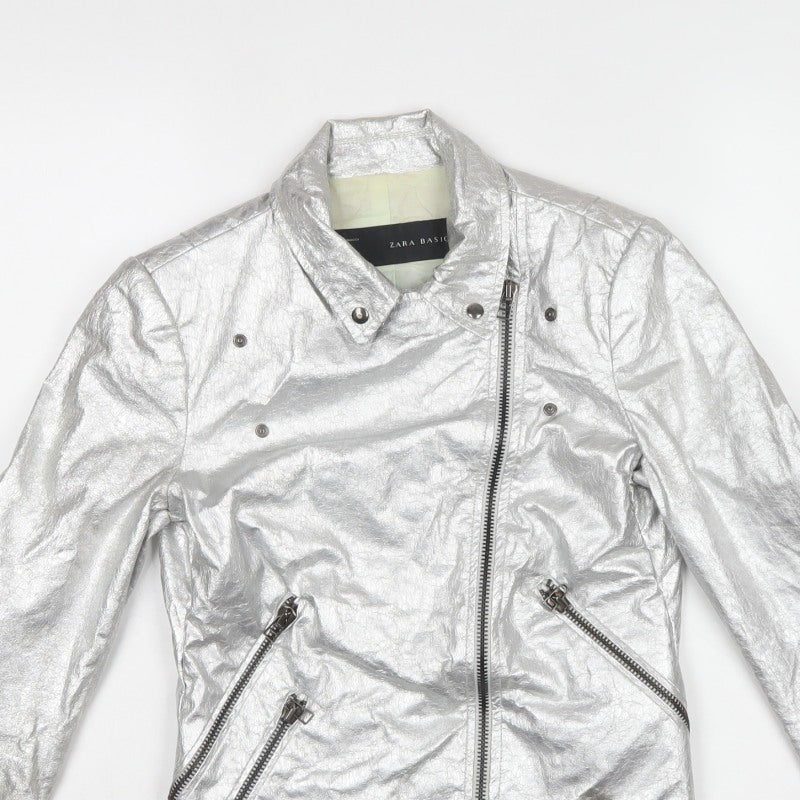 Zara Basic Women Silver M Metallic Biker Jacket Zip Pockets