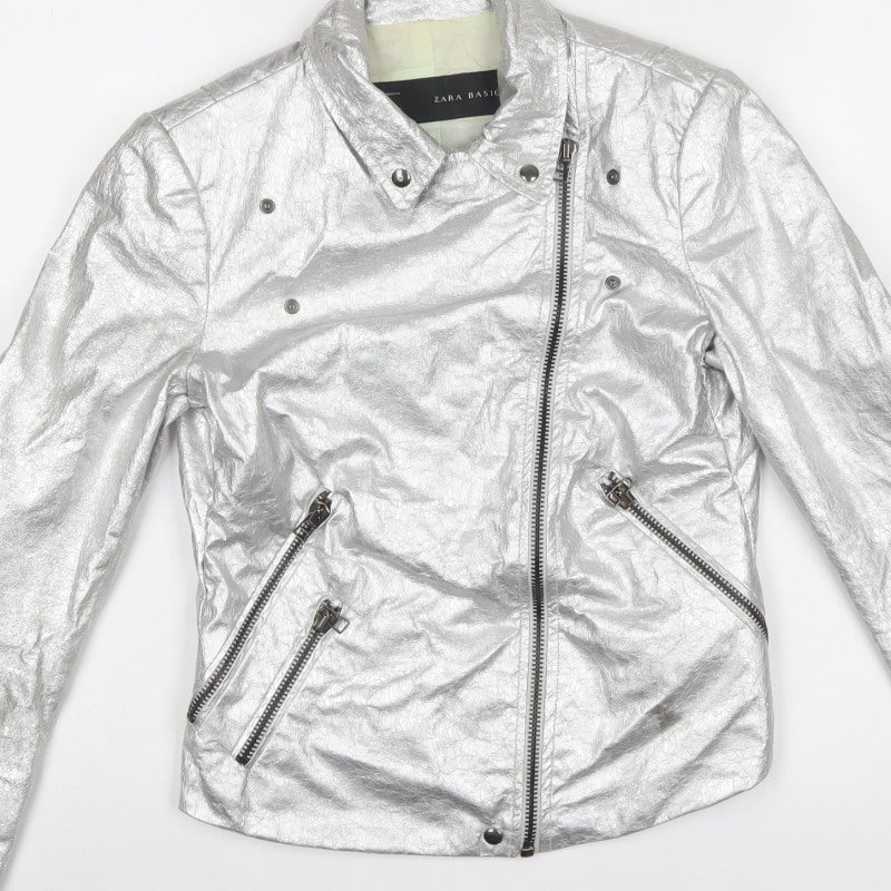 Zara Basic Women Silver M Metallic Biker Jacket Zip Pockets