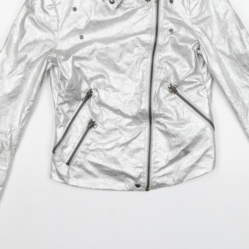 Zara Basic Women Silver M Metallic Biker Jacket Zip Pockets