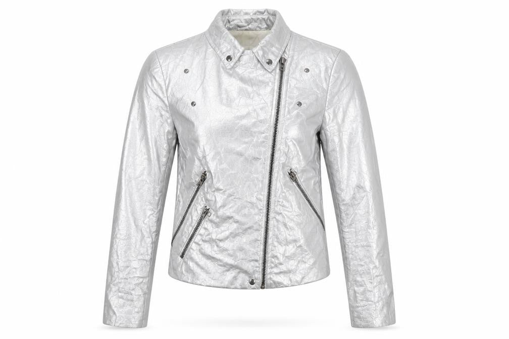 Zara Basic Women Silver M Metallic Biker Jacket Zip Pockets
