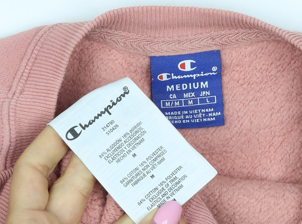 Champion Men's Pink Medium Logo Crew Neck Pullover Fleece Sweatshirt