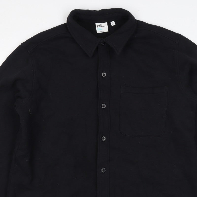 TNA Men’s Black L Sweatfleece Button-Up Collared Sweatshirt Jacket