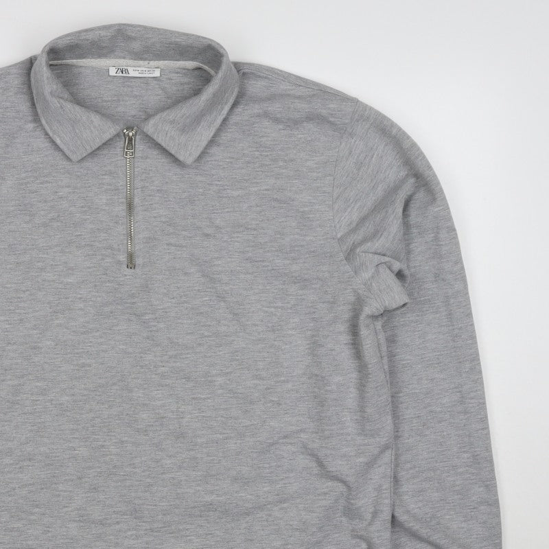 Zara Mens Grey M Quarter Zip Collared Pullover Sweatshirt