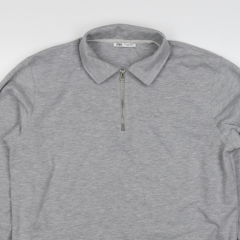 Zara Mens Grey M Quarter Zip Collared Pullover Sweatshirt