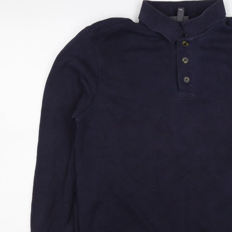 H&M Men's Navy S Regular Fit Collared Henley Button Sweatshirt