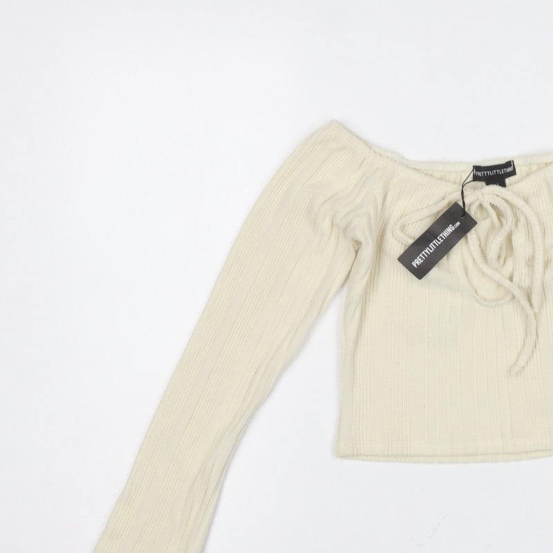 PrettyLittleThing Women Ivory UK 8 Cropped Off Shoulder Ribbed Top