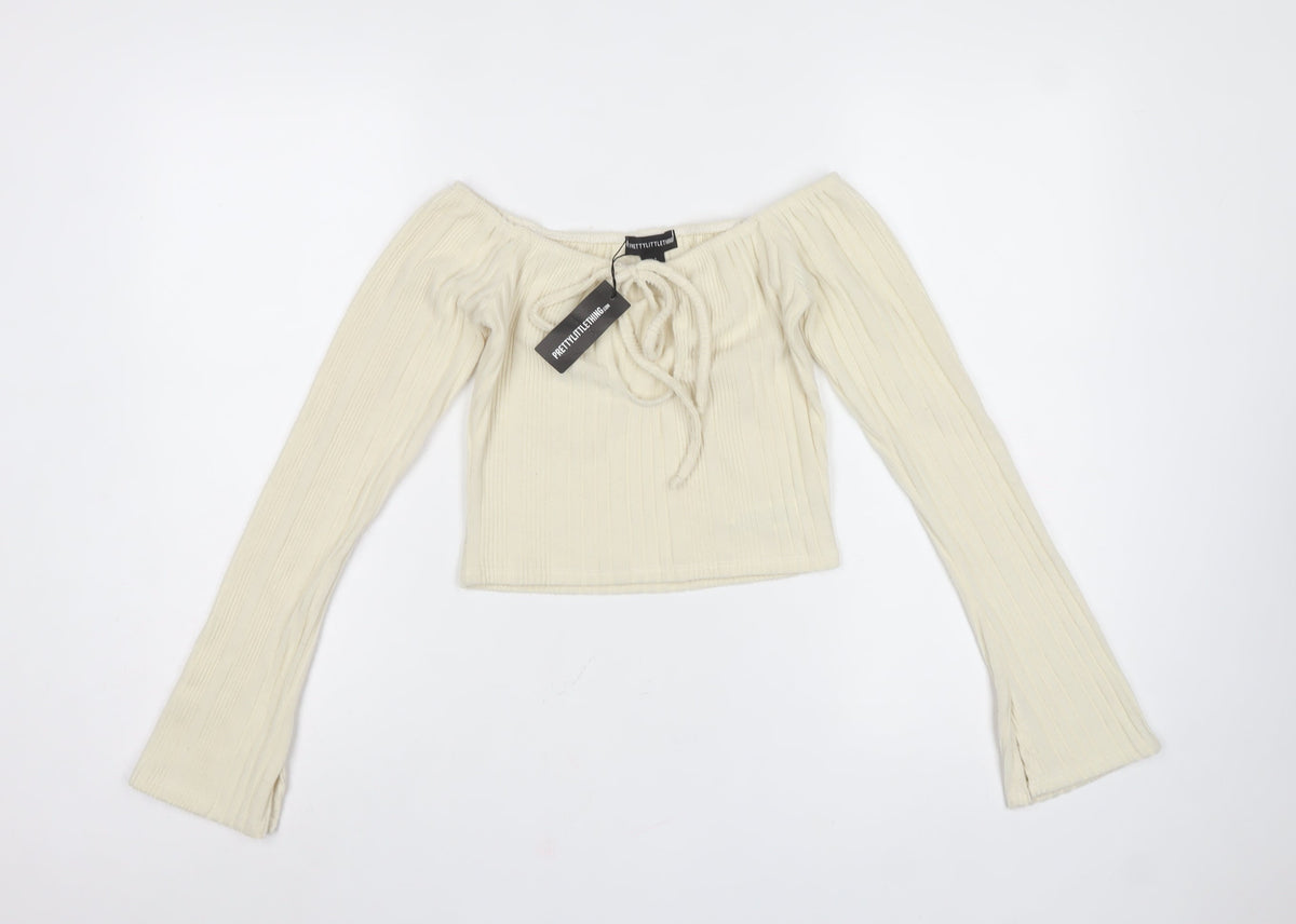 PrettyLittleThing Women Ivory UK 8 Cropped Off Shoulder Ribbed Top