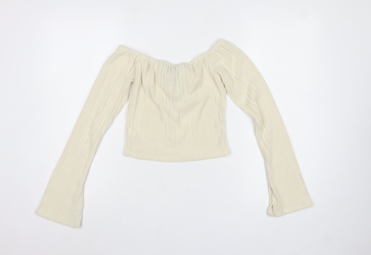 PrettyLittleThing Women Ivory UK 8 Cropped Off Shoulder Ribbed Top