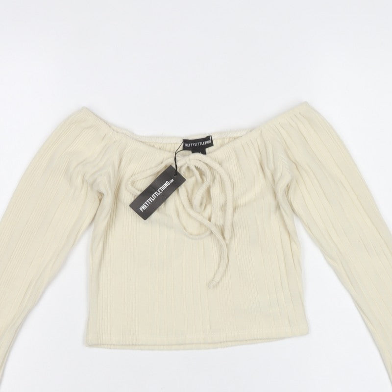 PrettyLittleThing Women Ivory UK 8 Cropped Off Shoulder Ribbed Top