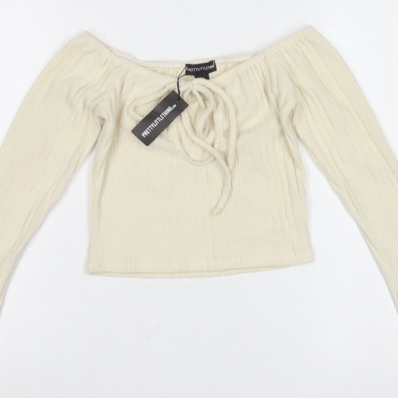 PrettyLittleThing Women Ivory UK 8 Cropped Off Shoulder Ribbed Top