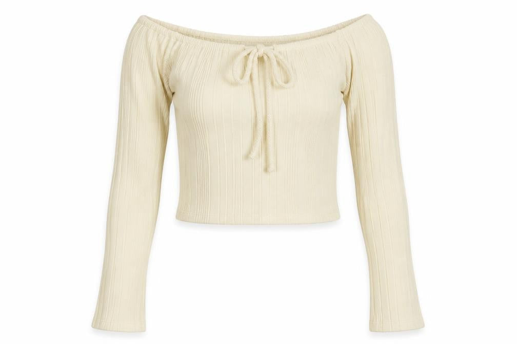 PrettyLittleThing Women Ivory UK 8 Cropped Off Shoulder Ribbed Top