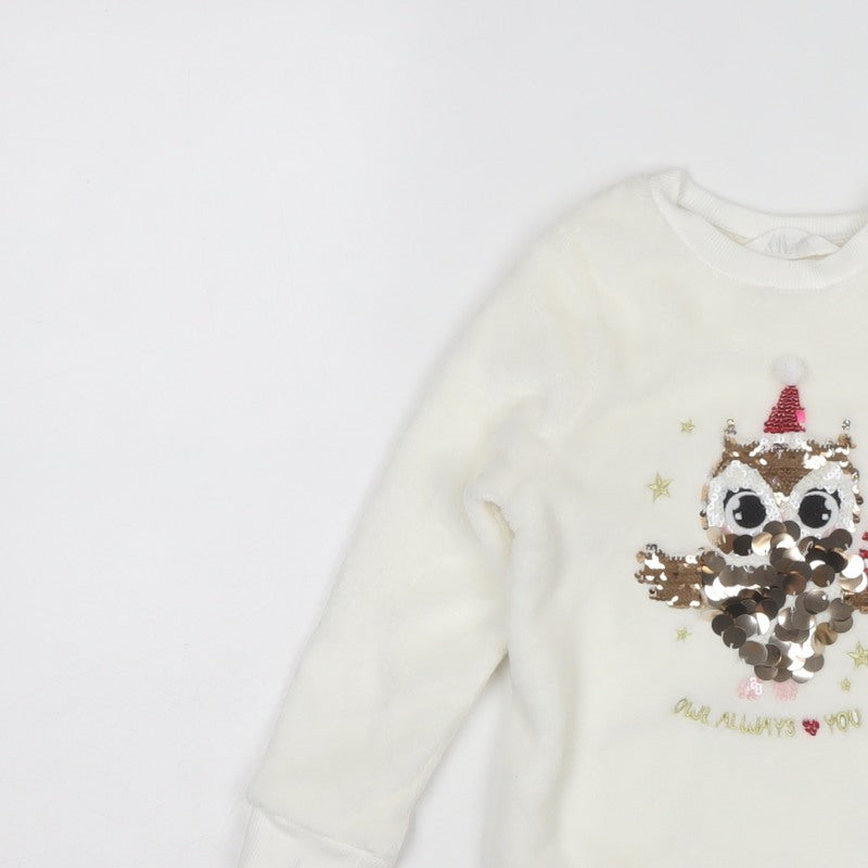 H&M Girls White 3-4 Years Pullover Sweatshirt Sequin Christmas Owl